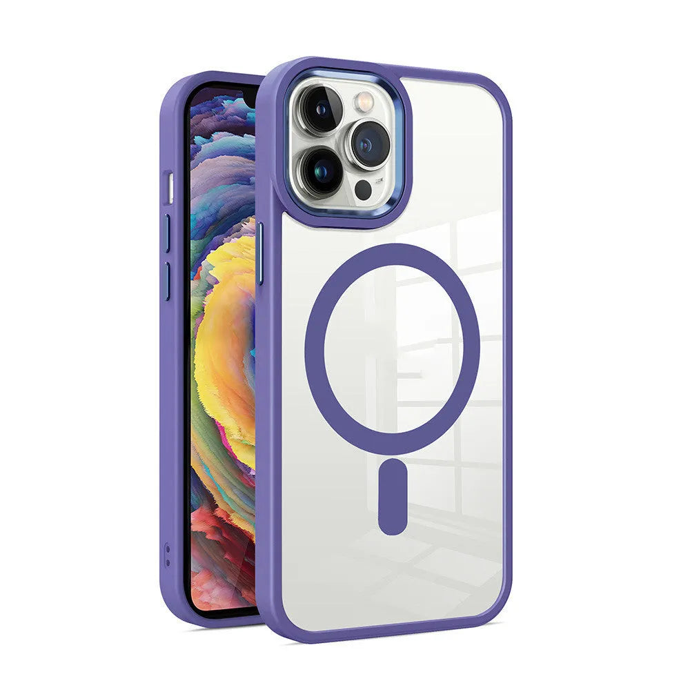 Magnetic transparent silicone phone case for iPhone in various colours including green, red, blue, black, and pink