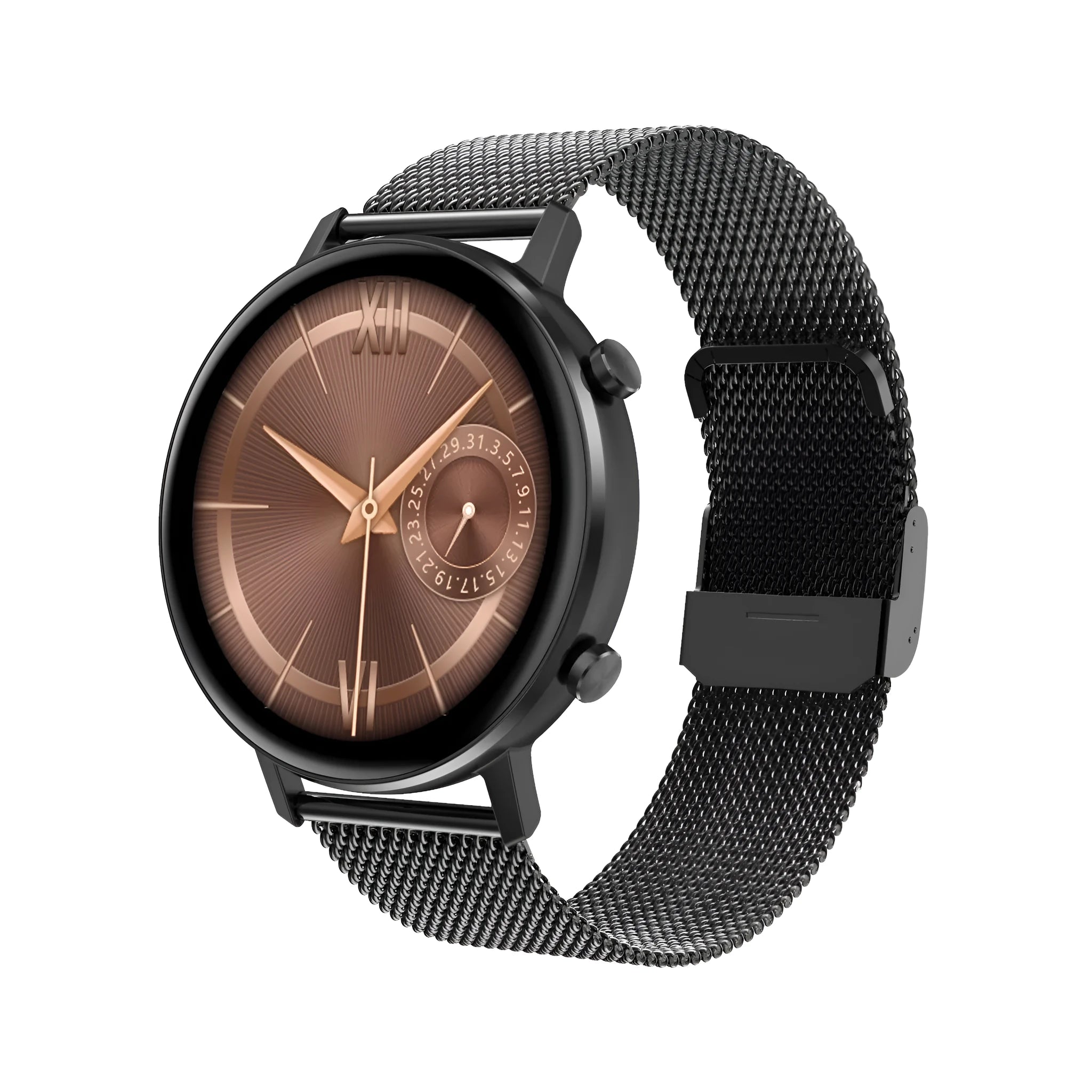 DT96 smart bracelet with stainless steel strap and 1.3 inch rectangular screen showing black, rose gold, and silver colour options