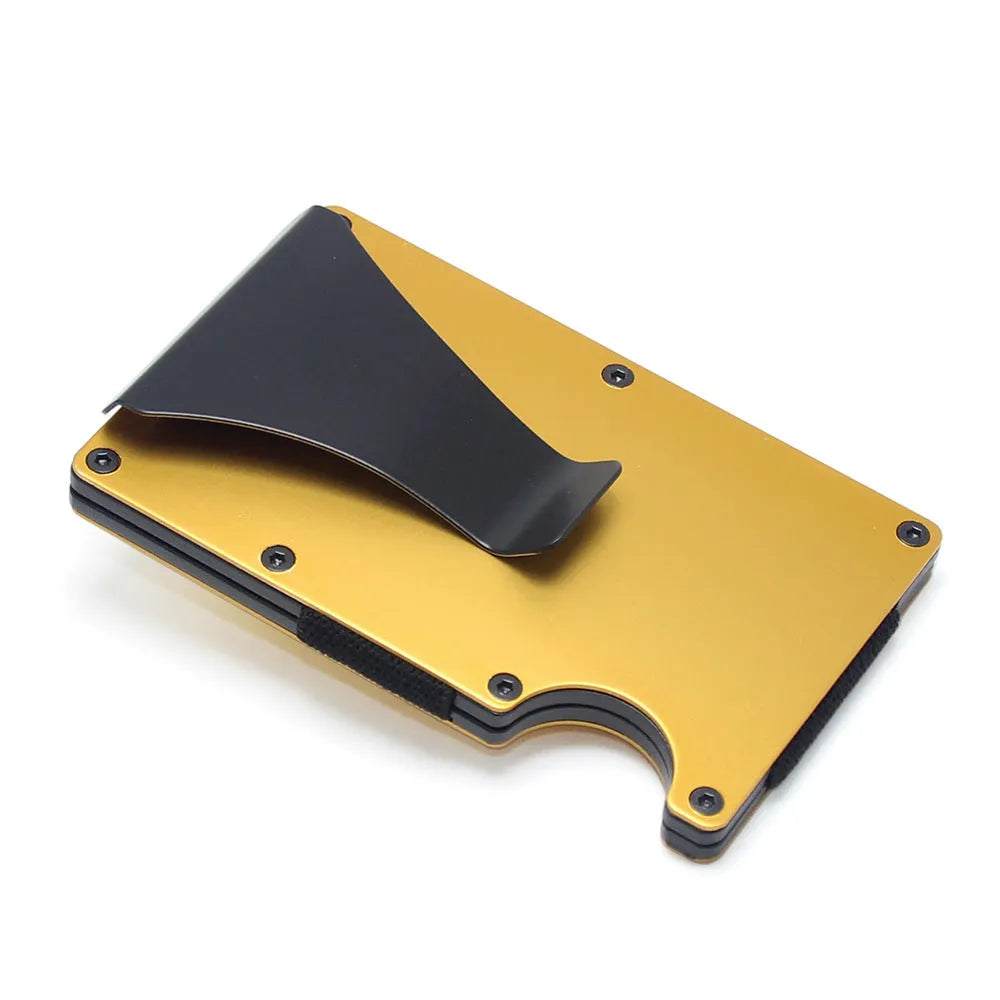Geometric aluminium carbon fibre card holder with 8mm thickness showing black silver red colour options