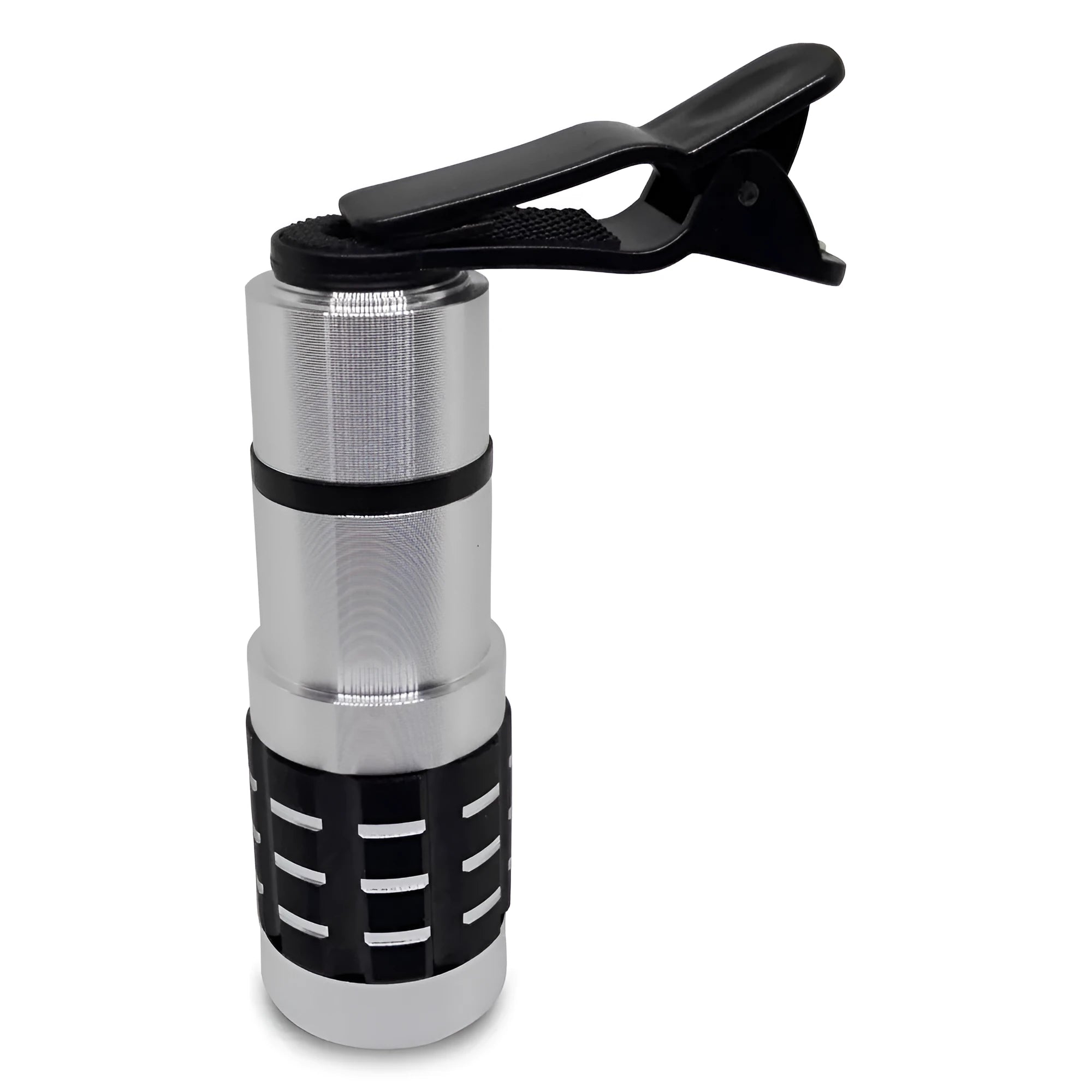 12 times telescopic zoom mobile phone lens with universal collar clip attached for iPhone and Android.