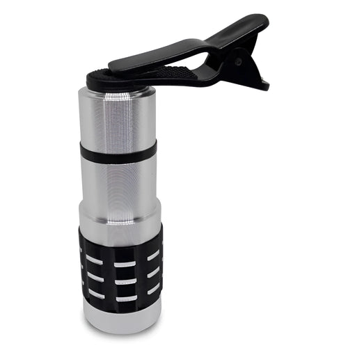 12 times telescopic zoom mobile phone lens with universal collar clip attached for iPhone and Android.
