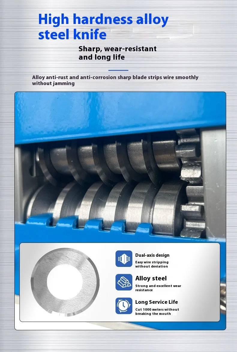 SD-017 manual wire stripping machine tool on a workbench next to electrical cables.