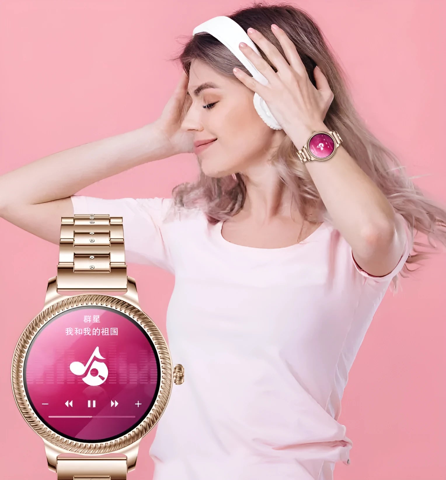 AK38 ladies smart watch with stainless steel Milanese band on wrist, showing its colour screen