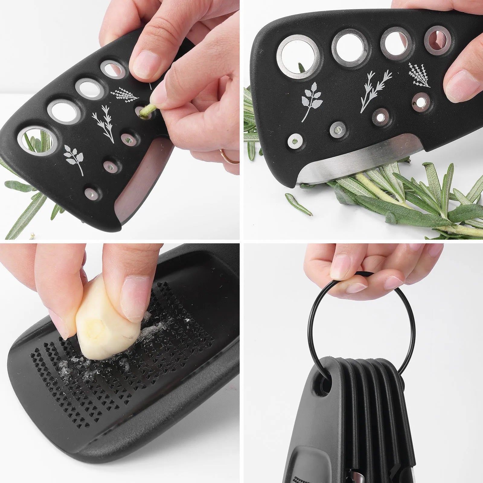 Six stainless steel kitchen gadgets and a brush stored in a modern simple colour box.