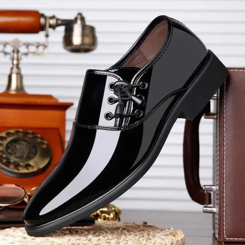 Men's black and brown business formal shoes with round toes and square heels on rubber soles