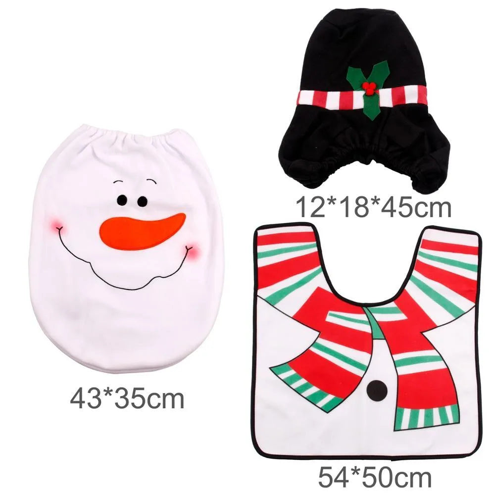 Christmas bathroom set with Santa design flannel shower curtain, toilet seat cover, and matching floor mats
