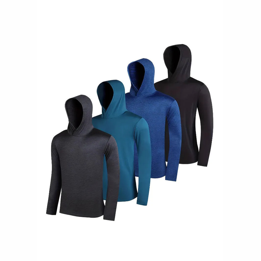 Four men's lightweight polyester hoodies folded showing different colours and both hooded and non-hooded styles