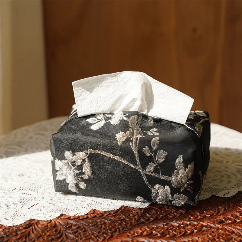 New Chinese style brocade fabric tissue box with embroidery white plum design and optional pearl buckle