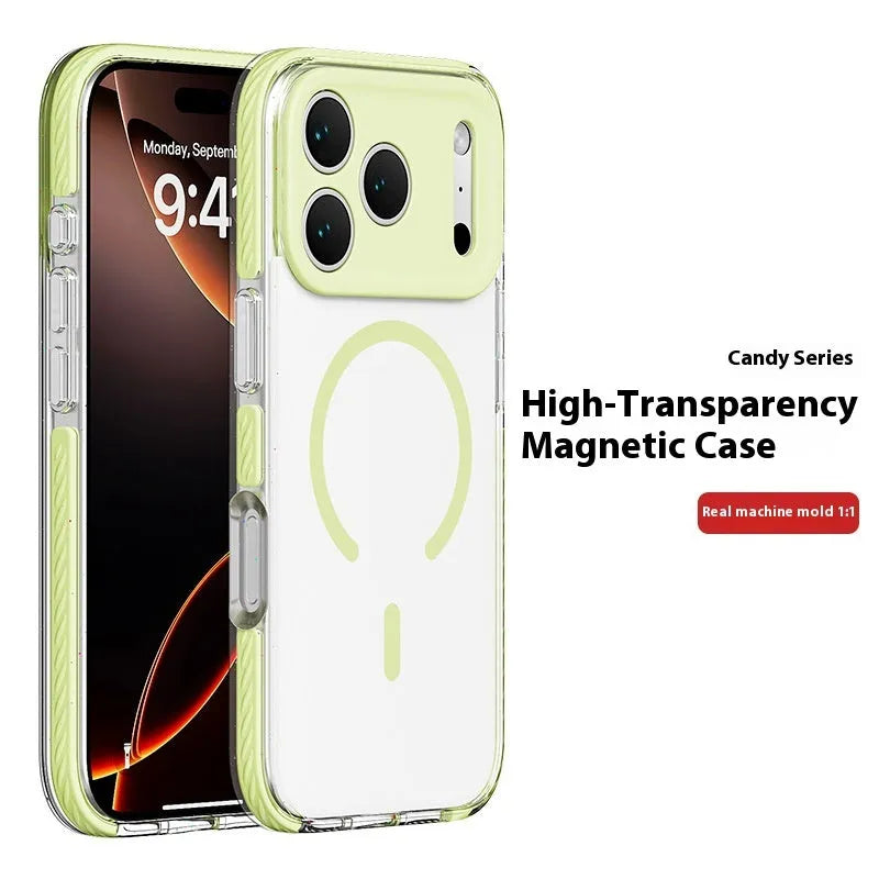 Three-in-one drop-resistant transparent protective case for iPhone with magnetic suction, in candy green colour, showing TPU bumper and PC back