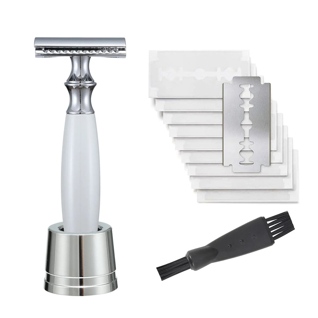 Copper manual shaving razor with olive wood handle and aluminium alloy holder on a stand