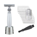 Copper manual shaving razor with olive wood handle and aluminium alloy holder on a stand
