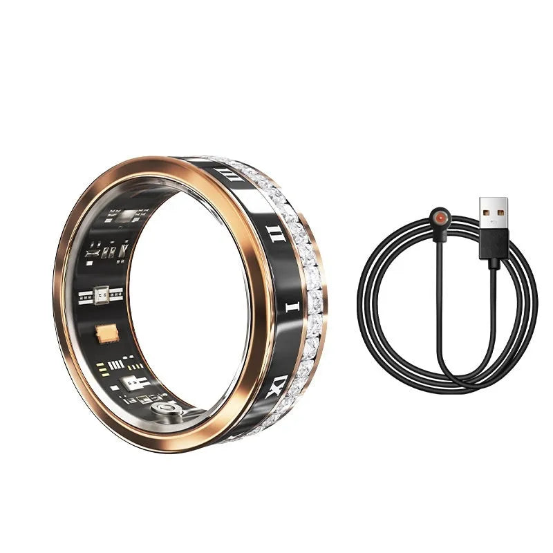 Diamond-inlaid smart ring with metal finish showing integrated sensor for blood oxygen monitoring