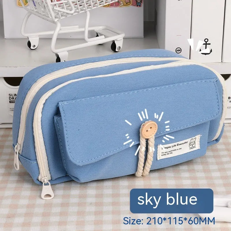 Green canvas pencil case with large capacity for 80 pens, Korean style stationery bag.