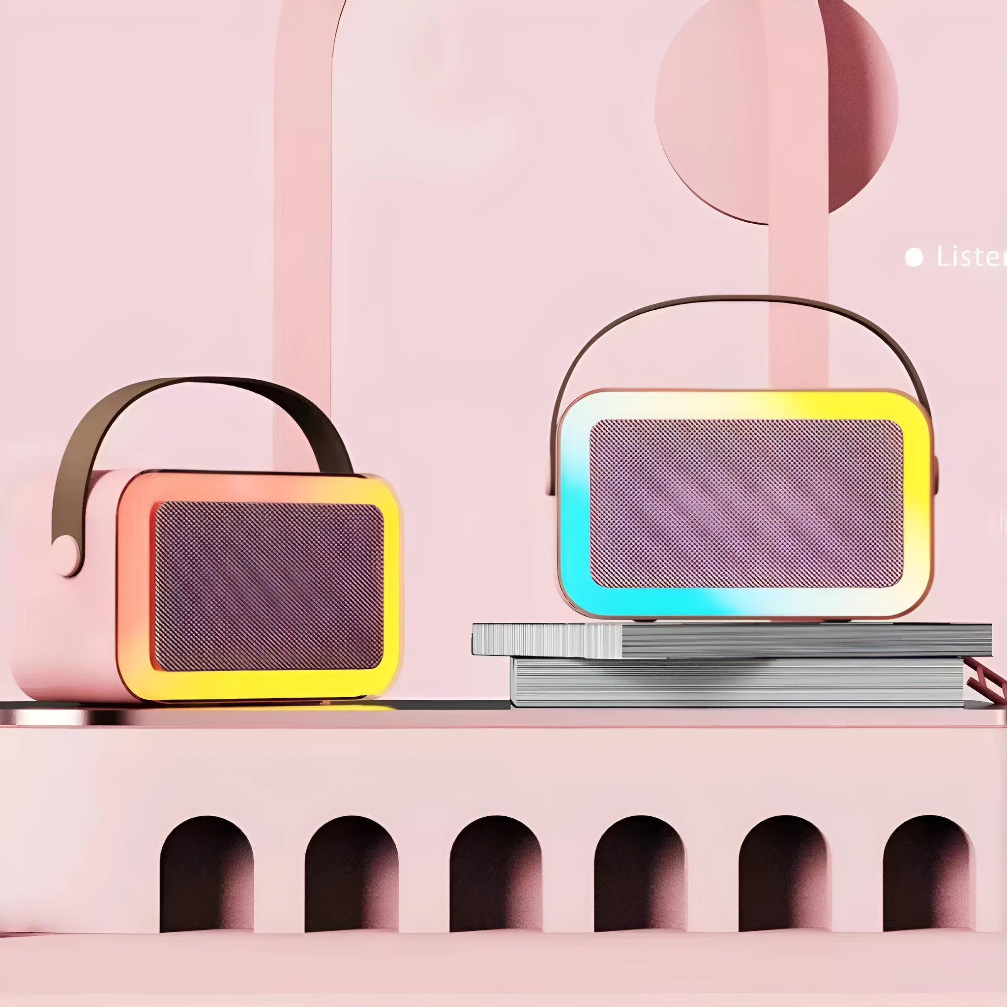 Bluetooth karaoke speaker with LED coloured lights in white, pink, or sky blue with microphone