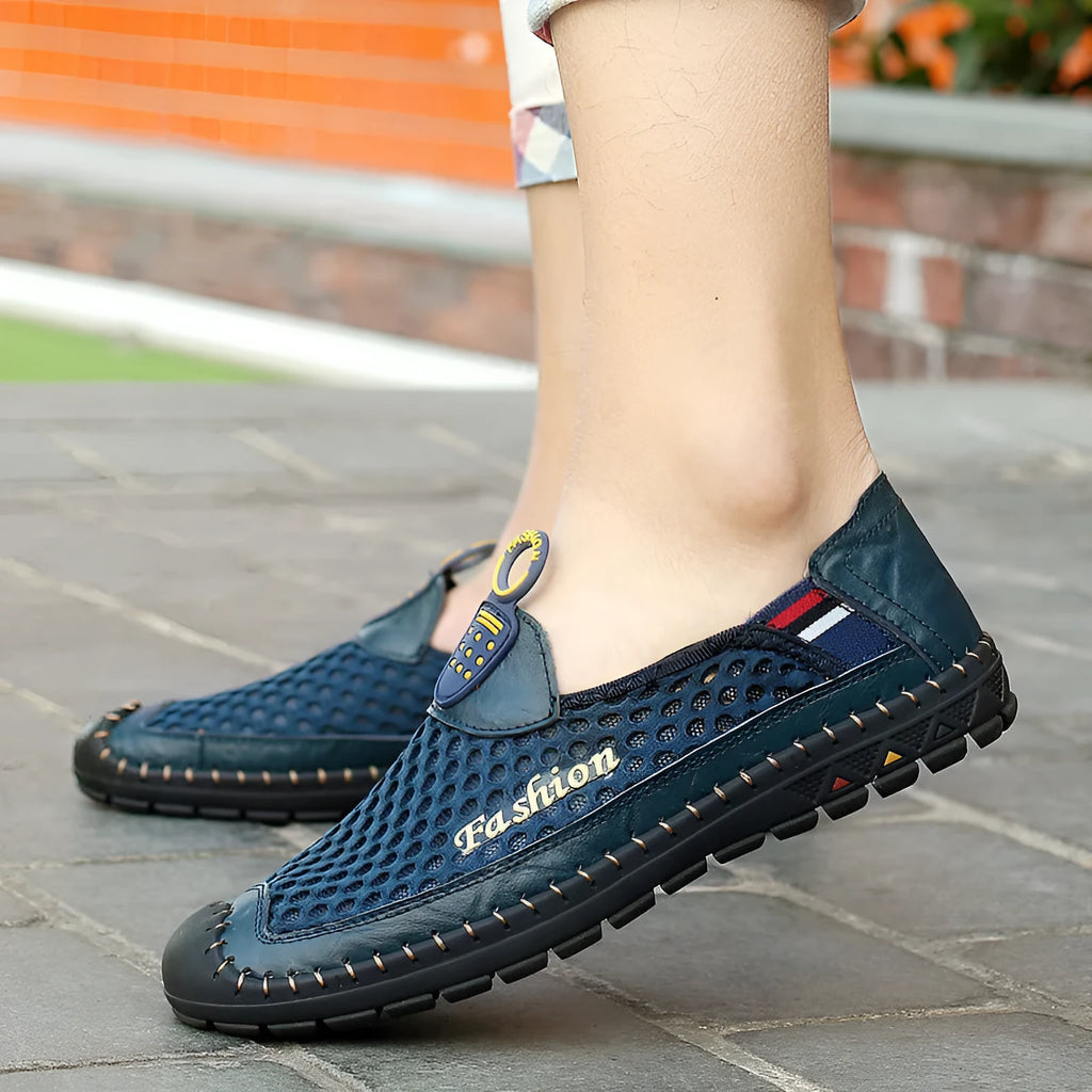 Men's brown casual breathable mesh shoes with round toe and rubber sole