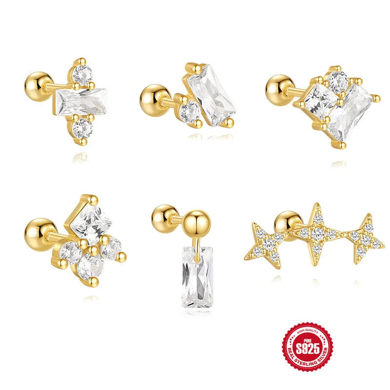 S925 sterling silver square gravel flower stud earrings with electroplated golden finish