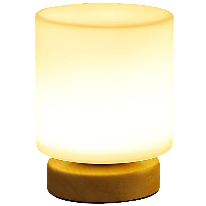 Nordic style solid wood USB table lamp in white geometric shape with touch dimming control