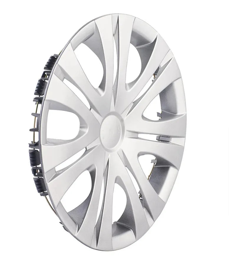 Universal ABS plastic wheel hub cover in silver electroplated finish showing 15-inch diameter measurement