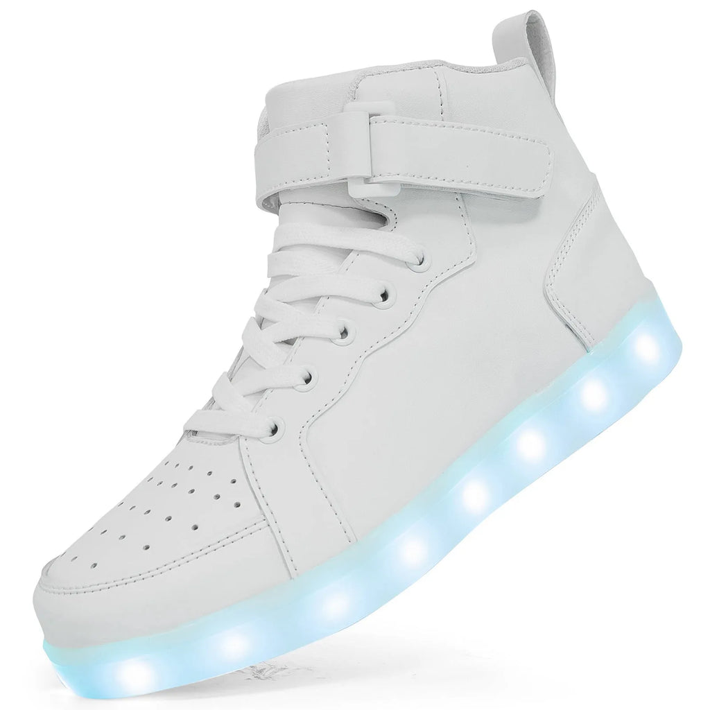 A pair of black high-top shoes with a Velcro strap and illuminated LED lights in the rubber sole.