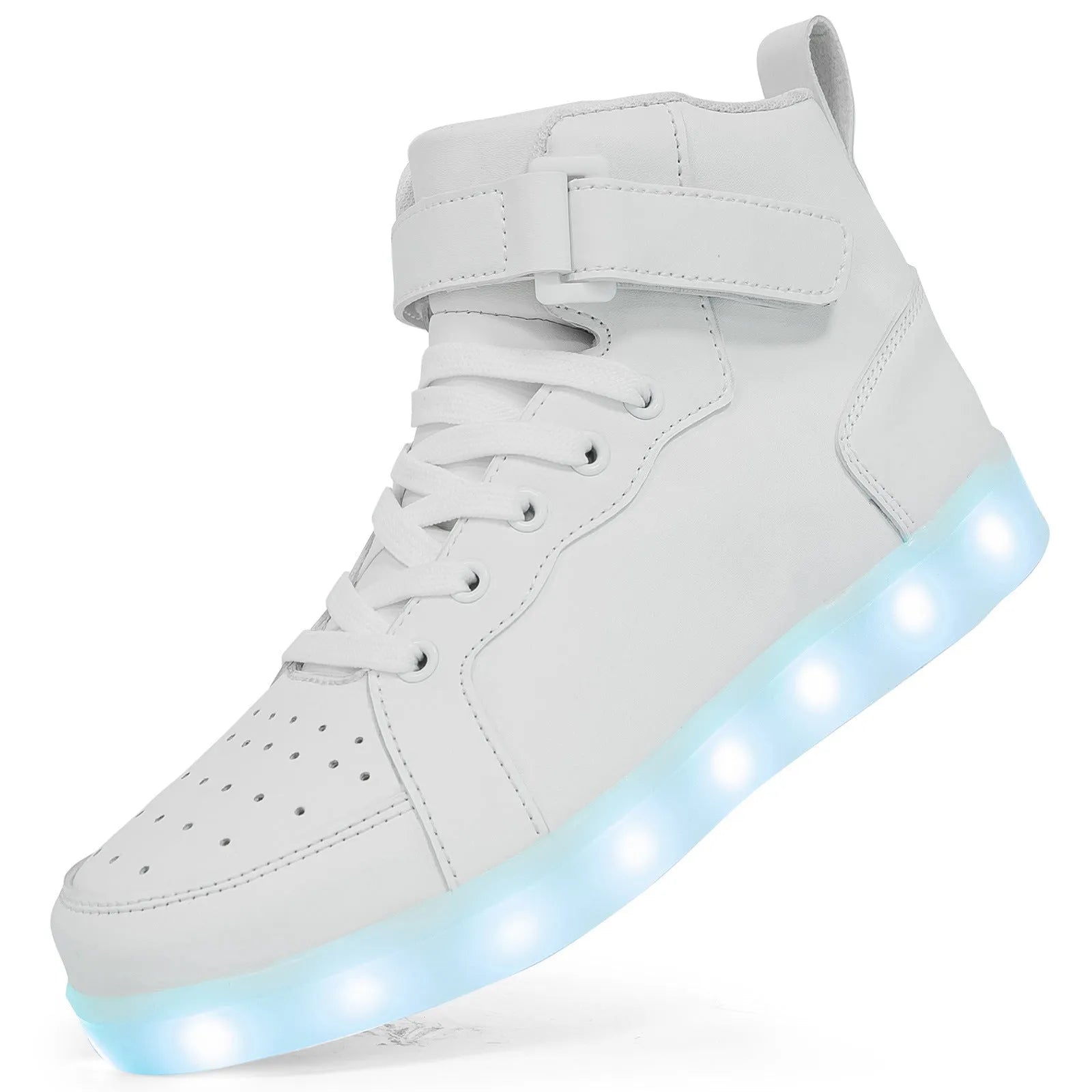 A pair of black high-top shoes with a Velcro strap and illuminated LED lights in the rubber sole.