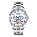 Men's stainless steel mechanical business watch with sapphire crystal glass and genuine leather strap