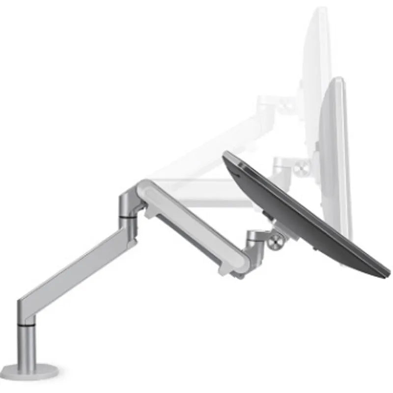 Silver aluminium laptop stand with hover design and air pressure arm bracket elevating a notebook