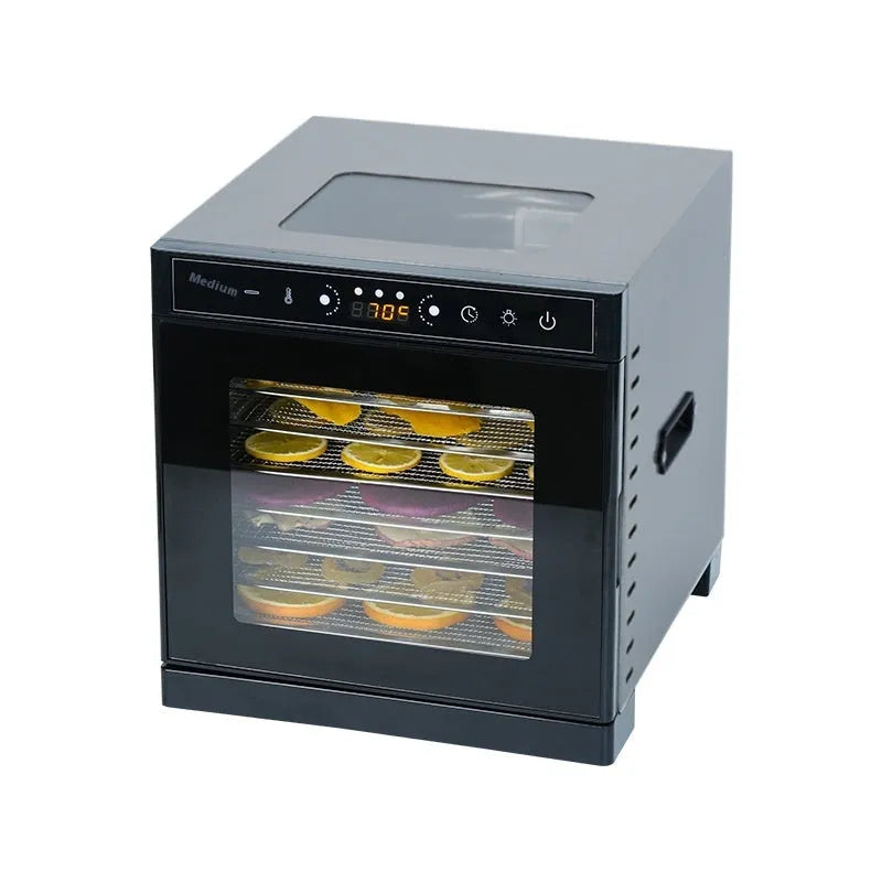 Stainless steel food dehydrator with visual skylight window and LED control panel.
