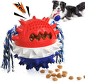 Blue and red TPR rubber dog ball chew toy with rope attachment and treat dispenser hole.