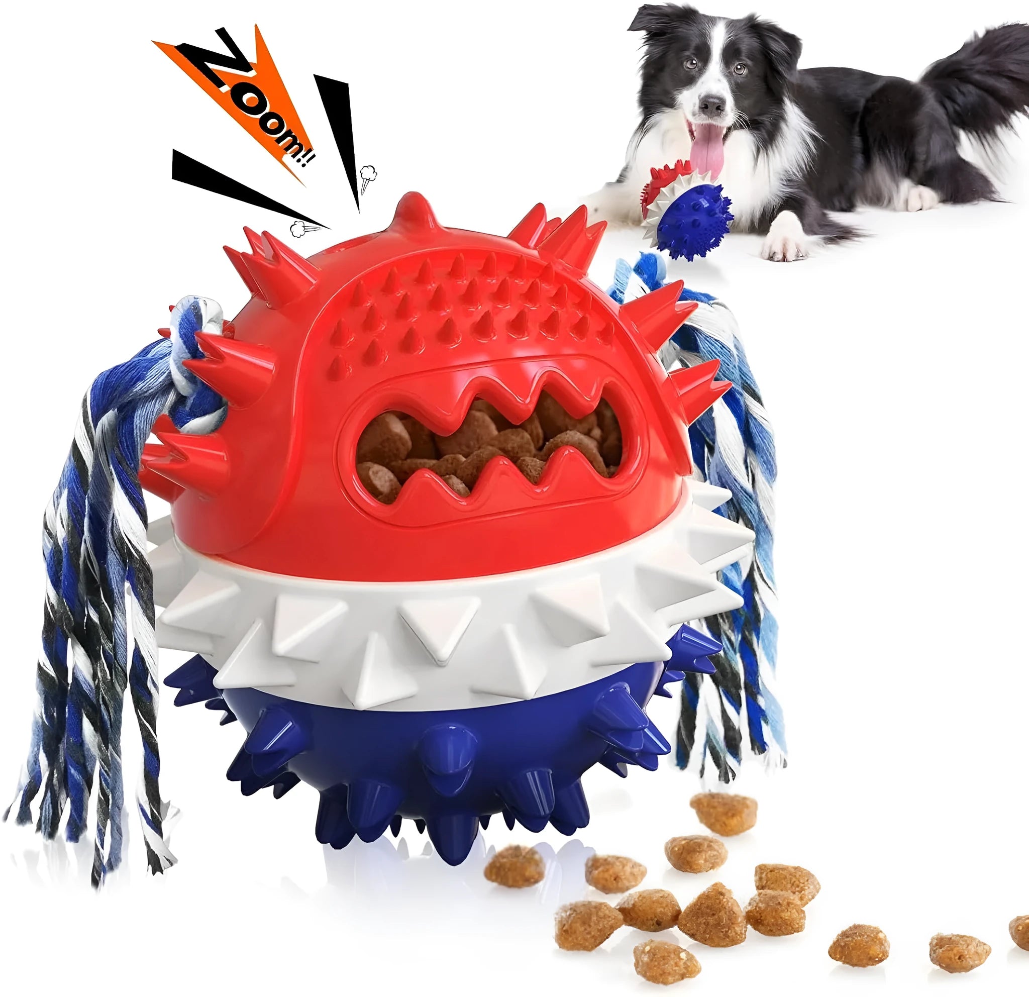 Blue and red TPR rubber dog ball chew toy with rope attachment and treat dispenser hole.