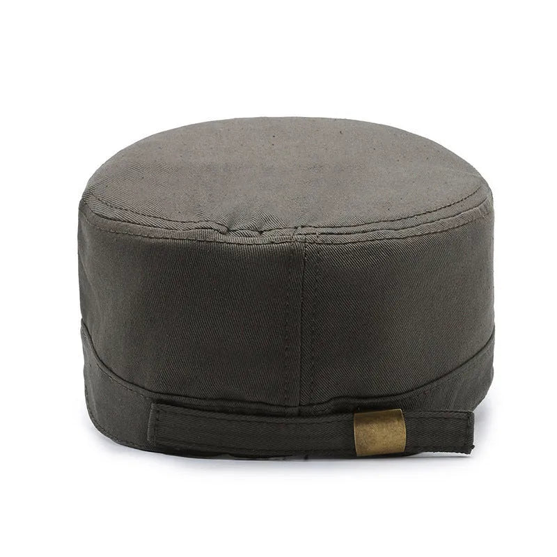 Men's adjustable cotton flat-top peaked cap in army green colour with dome crown.