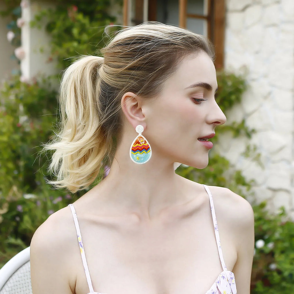 Hand-woven geometric beaded earrings in literary retro style with rainbow pattern, 6.7cm