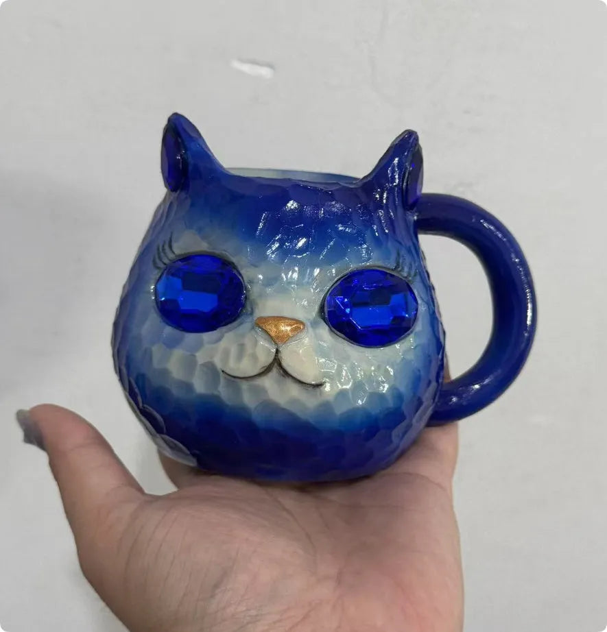 Crystal Earth decorative cat resin cup in American style, available in blue, green, pink, and purple colours.