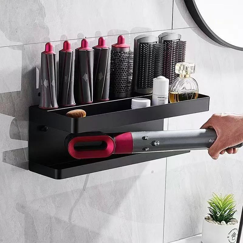 White double-layer aluminium bathroom storage rack holding hair curlers with punch-free mounting