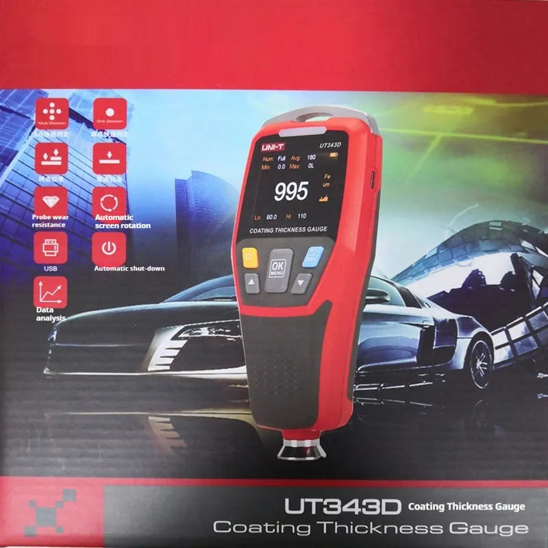 Coating thickness gauge with digital display showing measurement value on a surface