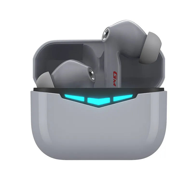 True wireless Bluetooth gaming in-ear headphones with charging case, shown in black, pink, white, and gray colours.