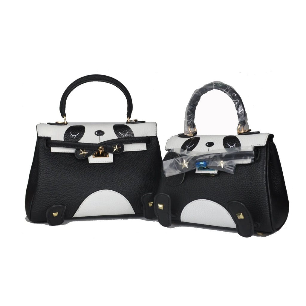 Square panda print cow leather handbag in sweet lady style, shown in two size options.