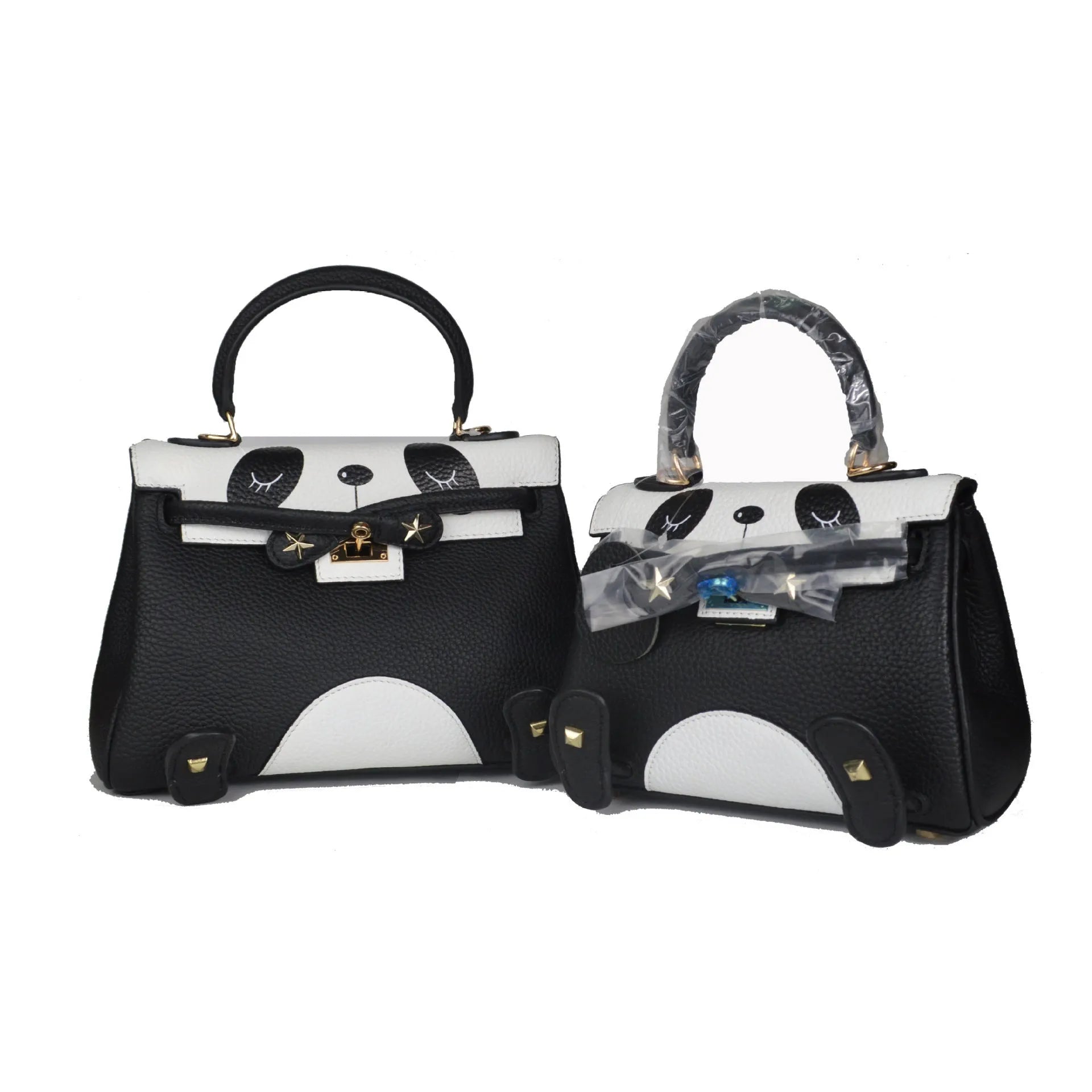 Square panda print cow leather handbag in sweet lady style, shown in two size options.