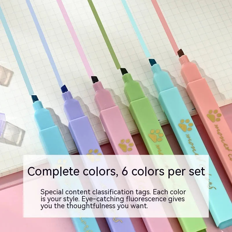 Cat's Paw brand fluorescent marking pen set with six colours and oblique heads in a gift box.