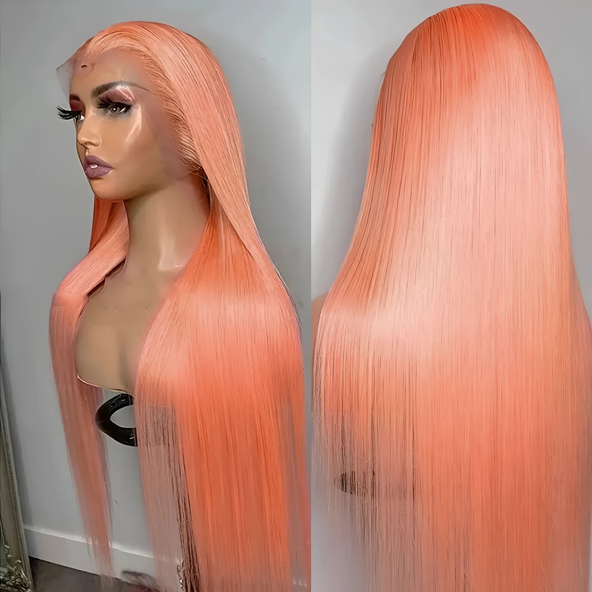 Light orange long straight front lace synthetic wig shown with side bangs