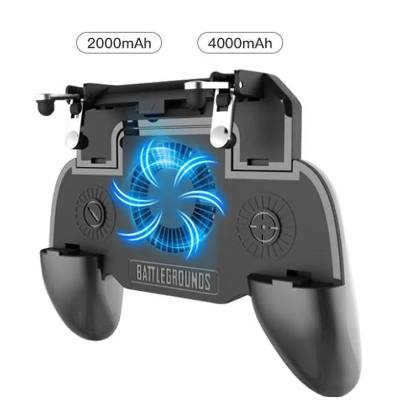Black USB mobile game controller for smartphones with aluminium alloy sides and ergonomic grip.