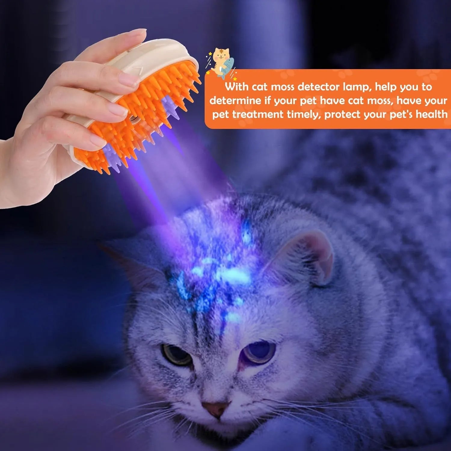 Yellow 4-in-1 cat steam brush with silicone teeth, water tank, and UV lamp for pet grooming.