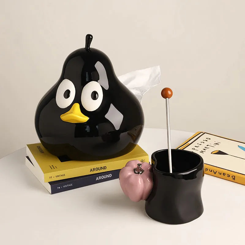 White ceramic pear-shaped tissue box with animal-themed design in green colour option