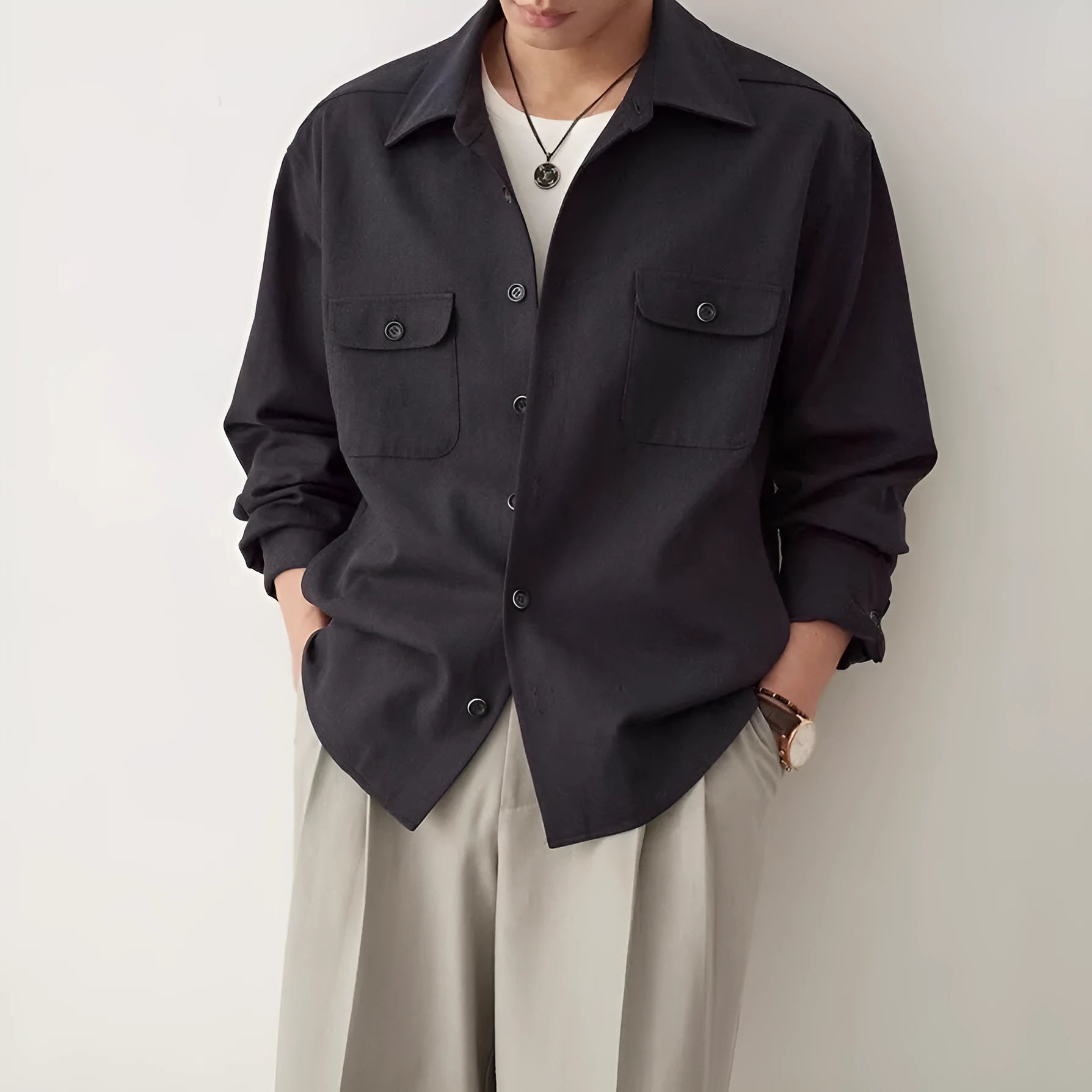 Men's lapel collar casual shirt in cotton fabric available in light sand rice and nautilidae colours