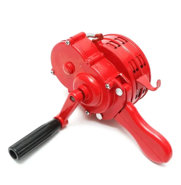 Red manual hand crank air raid alarm siren with folding lever and aluminium alloy body