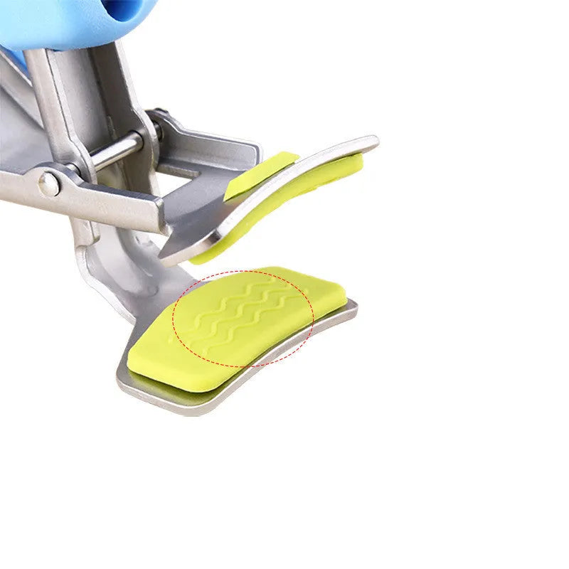 Stainless steel tray holder with non-slip chuck and widened handle in blue colour
