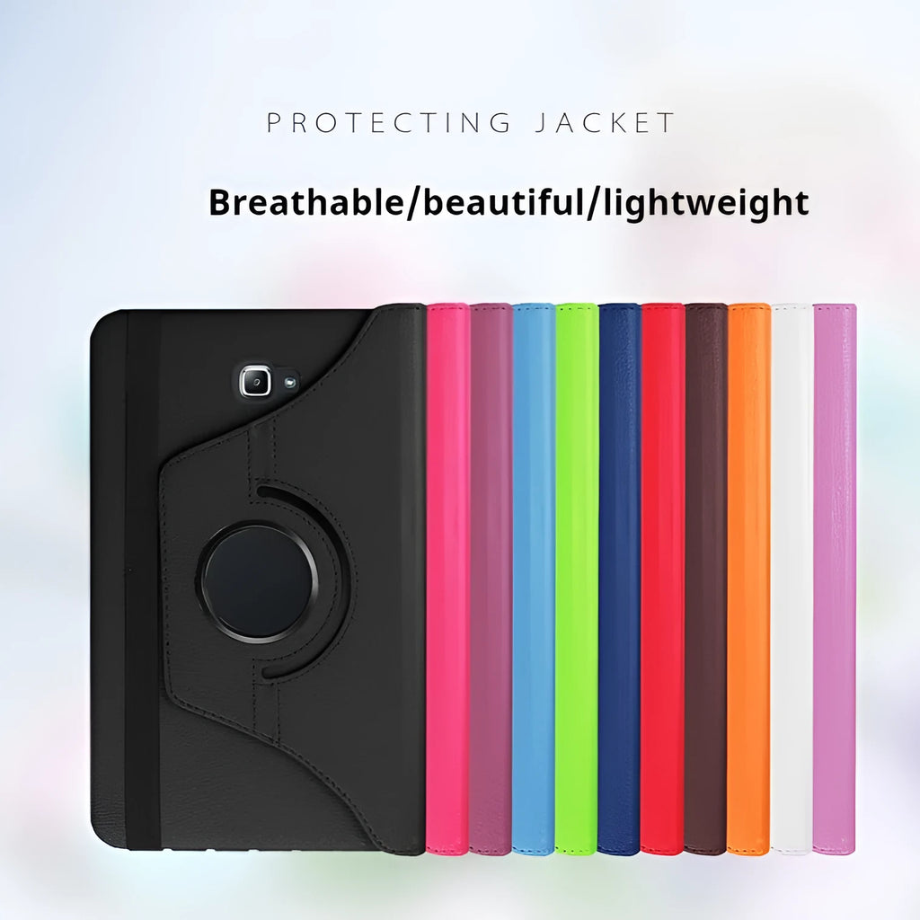 Rotating leather tablet case in clamshell design showing 360-degree mechanism and litchi grain texture