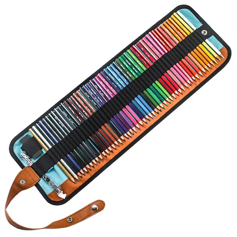 Set of 50 wooden coloured pencils for oily painting in a fabric case, showing natural basswood barrels.