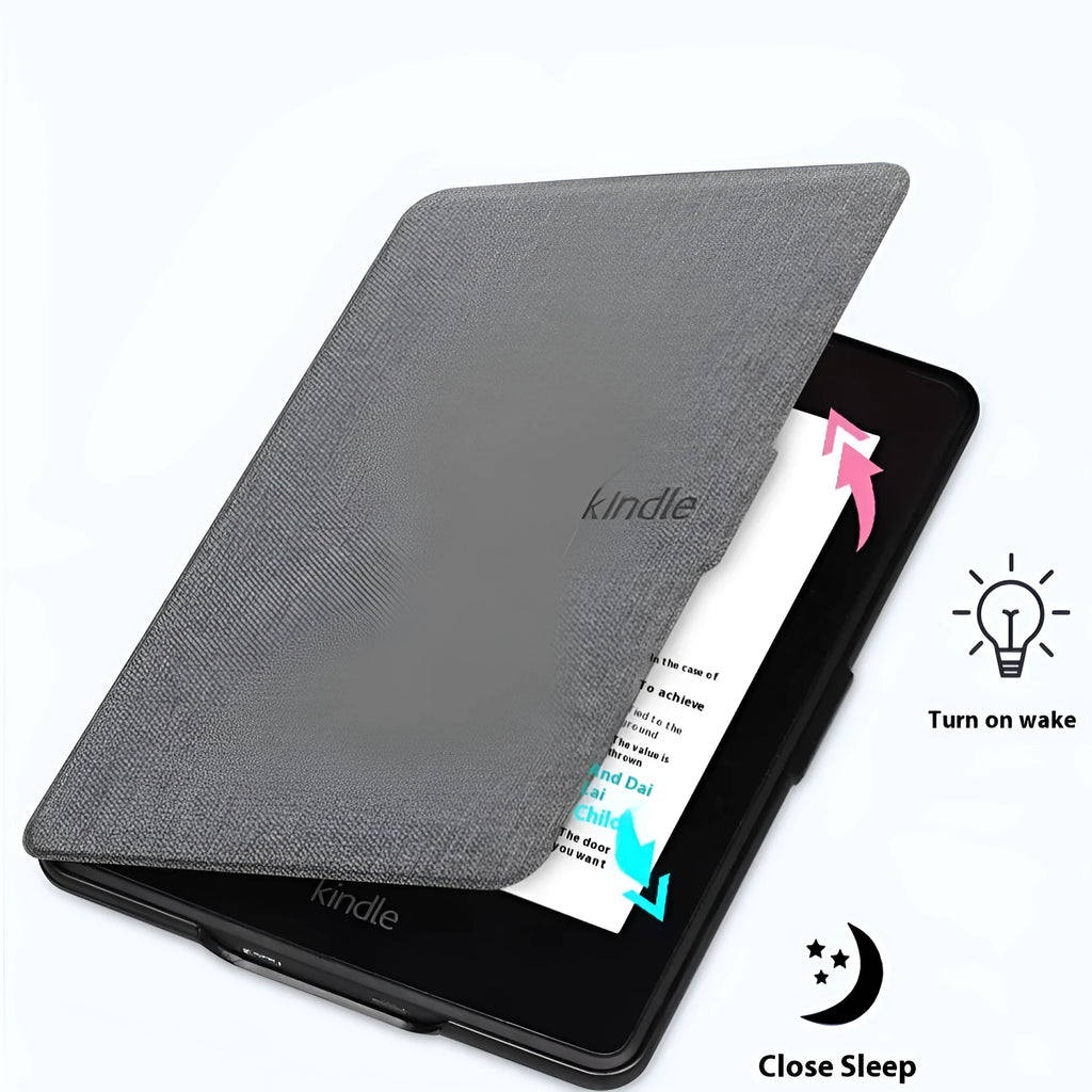 Linen leather textured hard case for Kindle Paperwhite in multiple colour options showing magnetic closure.