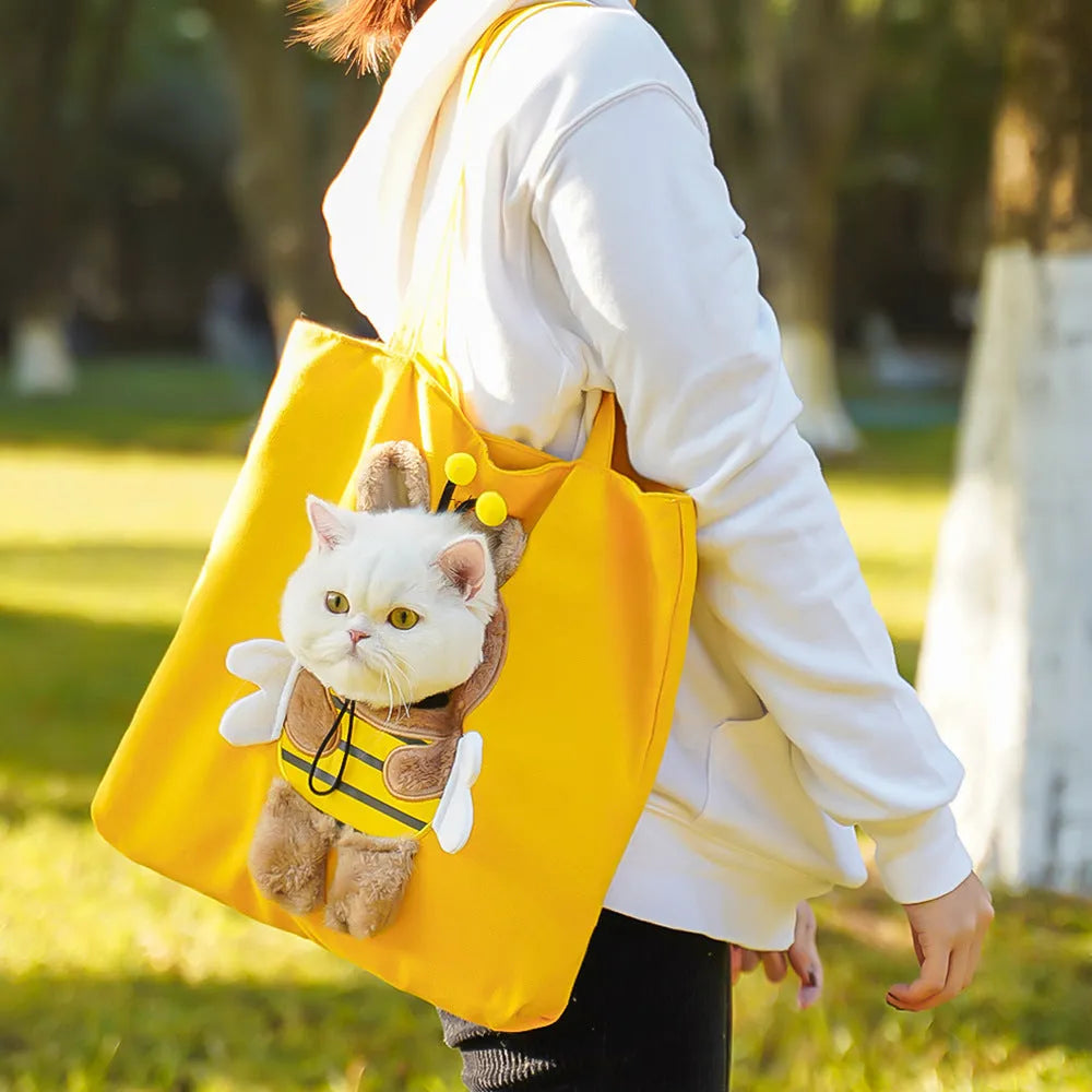 Canvas pet shoulder bag with cartoon pattern for small dog or cat transport