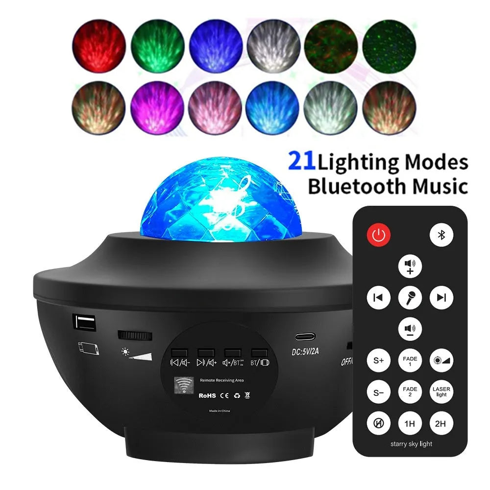 Black parallel-style starry sky projection lamp with water ripple laser effects on desktop